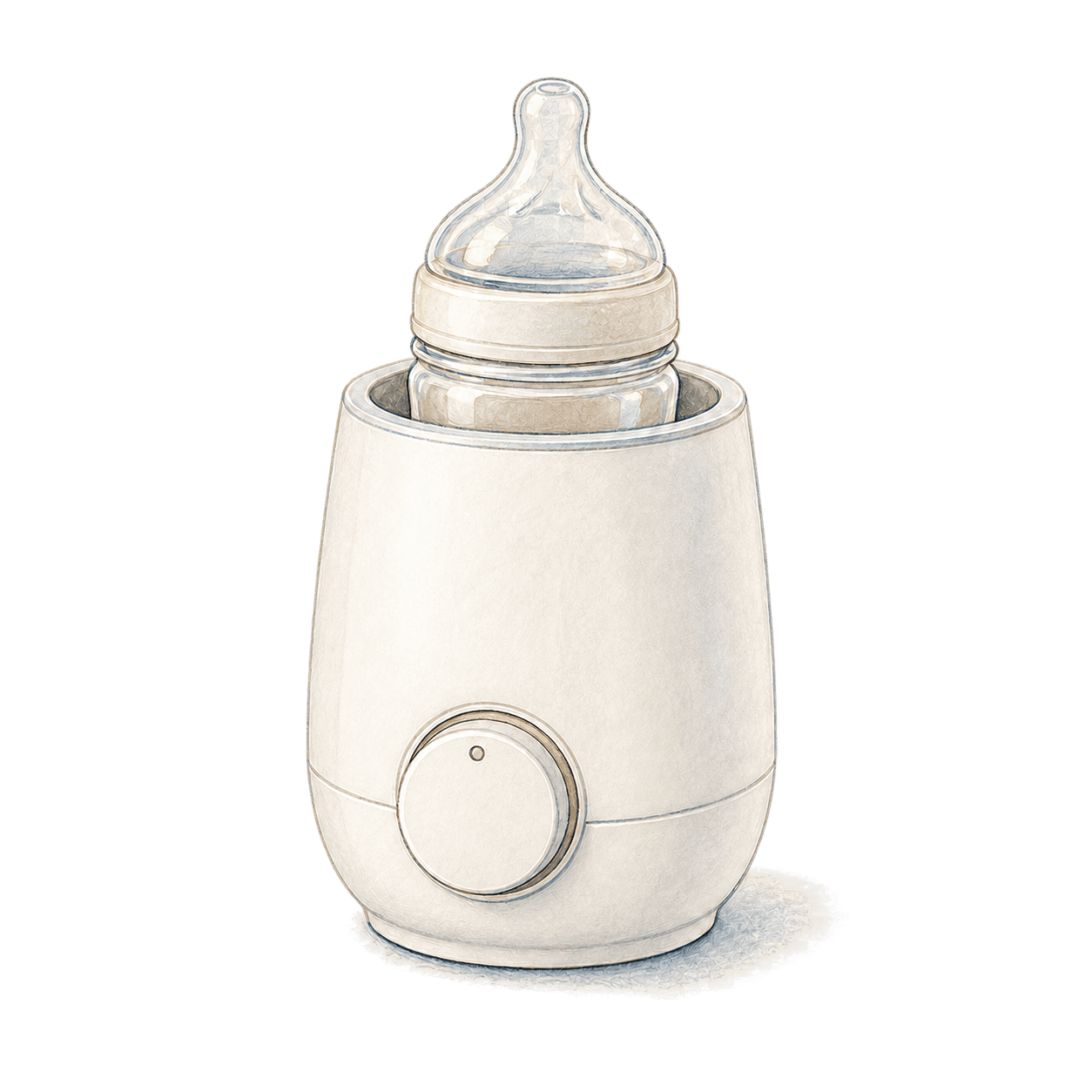 Original illustration of a baby bottle resting inside a bottle warmer