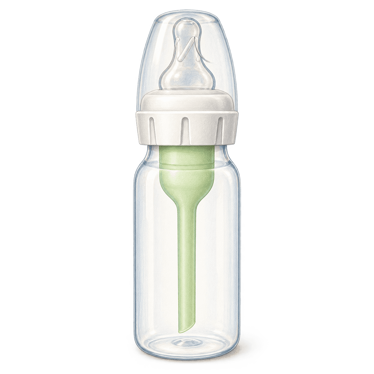 Original illustration of a narrow baby bottle with an internal vent